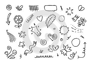 Hand drawn set elements, black on white background. Arrow, heart, love, star, leaf, sun, light, flower, crown,Swishes