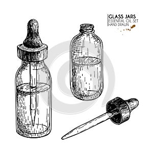 Hand drawn set of essential oils. Vector vintage mock up. Medicinal essence in glass dropper bottle. Engraved art. Good