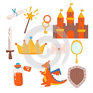 Hand drawn set of fairy tale and magic princess elements: lock, crown dragon, key, potion sword, mirror, horse, magic wand. Cut