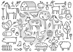 Hand drawn set farm animal, farmer food.