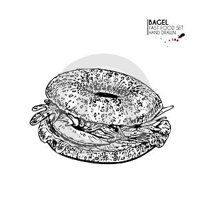 Hand drawn set of fast food. Bagel with prochutto, avocado, ruby