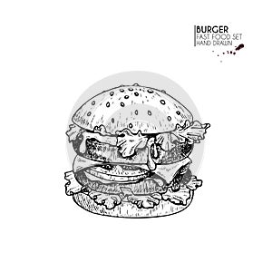 Hand drawn set of fast food. Burger with beef, cheese, tomato