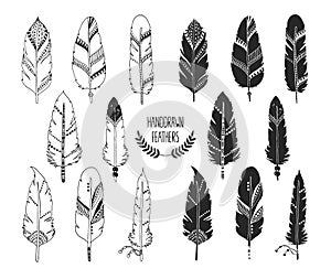 Hand drawn set of feathers and silhouette