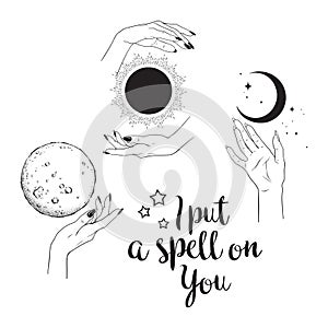 Hand drawn set of female witches hands with celestial bodies. Flash tattoo, sticker, patch or print design vector illustration