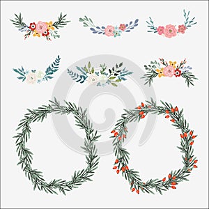 Hand drawn set of floral bouquets and wreath with olive leaves, roses, peonies and other flowers. vector