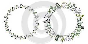 Hand drawn set of floral vector wreath with green leaves, herbs forest round, cute rustic frame border print.