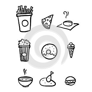 Hand drawn Set of Foods, Drinks Related Vector Line Icons in doodle style vector