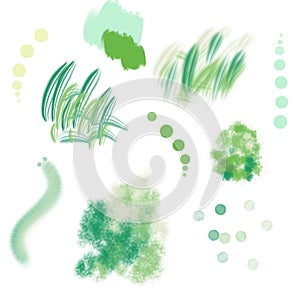 Hand drawn set of green moss, grass, fluffy caterpillar and abstract spots isolated on a white background