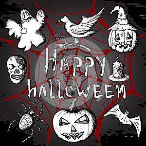 Hand drawn set of halloween attributes, black and white sketch on a red web