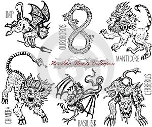Hand drawn set with heraldic beasts and mythical monsters isolated on white.