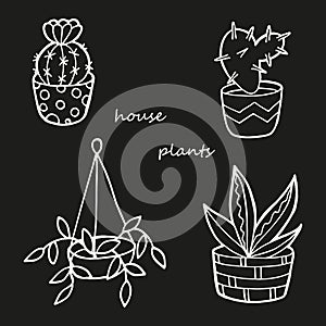 Hand drawn set with house plants. In doodle style, white outline isolated on black background. Cute element for card, social media