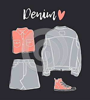Hand drawn set of Jeans Wear. Fashion vector background. Actual