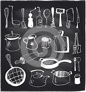 Hand drawn set of kitchen utensils chalkboard.