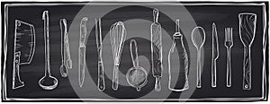 Hand drawn set of kitchen utensils on a chalkboard.