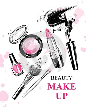 Hand drawn set with lipstick, brushes, mascara, nail polish, powder blush and bow. Beautiful set with cosmetics for Makeup.