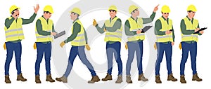 Hand-drawn set of male construction workers with helmets and vests