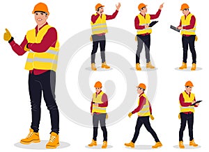 Hand-drawn set of male construction workers with helmets and vests