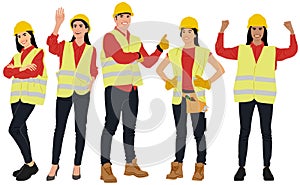 Hand-drawn set of male and female workers with helmets and vests