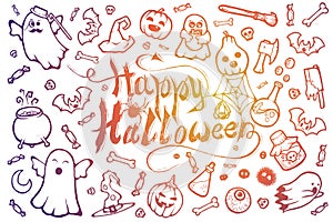 Hand-drawn set of many Halloween cartoon doodles.
