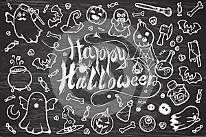 Hand-drawn set of many Halloween cartoon doodles.