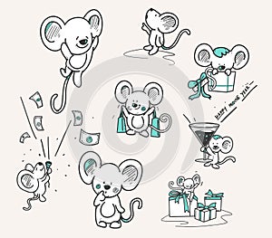 Hand drawn set of mouse for new year., doodle mouse , cute mouse cartoon collection