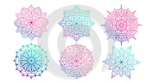 Hand drawn set of multi color gradient mandala with floral elements. Beautiful vintage boho ornament. Ethnic mosaic oriental