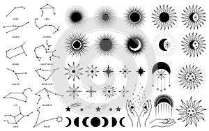 Hand drawn set of mystical Sun with woman`s face, moon, hand, zodiac symbol, star in line art. Spiritual celestial space,