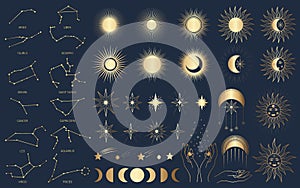 Hand drawn set of mystical Sun with woman`s face, moon, hand, zodiac symbol, star in line art. Spiritual celestial space,