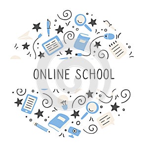 Hand drawn set of online education elements. Vector illustration.