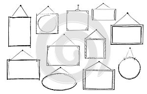 Hand drawn set of open and closed door sign frame and borders. Doodle sketch style. Shop door or window open label