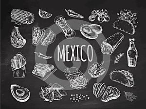 Hand-drawn set of realistic mexican dishes and products on chalkboard background. Vintage sketch drawings of Latin American