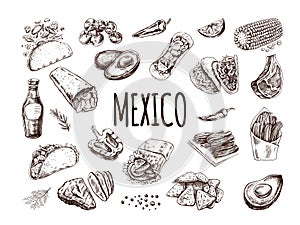 Hand-drawn set of realistic mexican dishes and products. Vintage sketch drawings of Latin American cuisine.