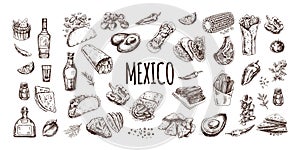 Hand-drawn set of realistic mexican dishes and products. Vintage sketch drawings of Latin American cuisine. Vector ink