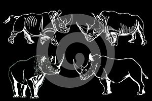 Graphical set of rhinos isolated on black background, vector engraved illustration