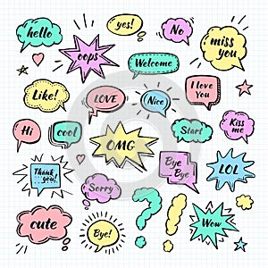 Hand drawn set of speech bubbles with dialog words