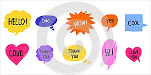 Hand drawn set of speech bubbles with dialog words isolated. vector illustration