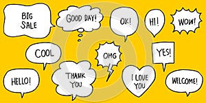 Hand drawn set of speech bubbles with dialog words isolated. vector illustration