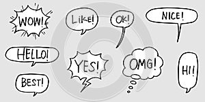 Hand drawn set of speech bubbles with dialog words isolated. vector illustration