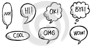 Hand drawn set of speech bubbles with dialog words isolated. vector illustration