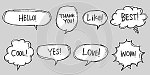 Hand drawn set of speech bubbles with dialog words isolated. vector illustration