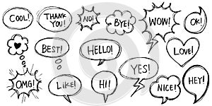 Hand drawn set of speech bubbles with dialog words isolated. vector illustration