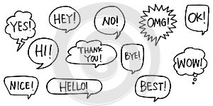 Hand drawn set of speech bubbles with dialog words isolated. vector illustration