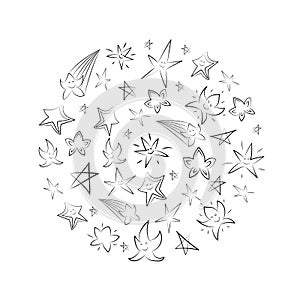 Hand Drawn Set of Stars Arranged in a Circle. Children Drawings of Doodle Stars. Sketch Style.