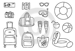 Hand drawn set of summer vacation elements, luggage and bathing accessories. Travel element drawn in doodle style