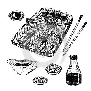 Hand drawn set of sushi and rolls. Vector sketch