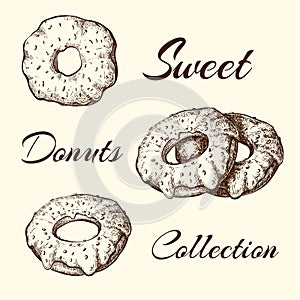 Hand drawn set of tasty sweet donuts isolated. vector Sketch in vintage style. engraved pastry illustration. Sweet