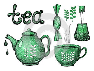 Hand drawn set with tea elements. Kettle, cup, mug, welding, candy, letters for the design of the banner, print, label, menu,