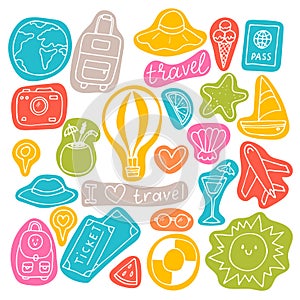 Hand drawn set of traveling icons. Holiday, vacation, travel journey. Summer collection. Design elements