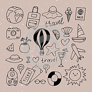 Hand drawn set of traveling icons. Holiday, vacation, travel journey. Summer collection. Design elements