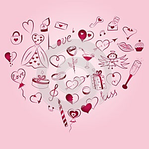 Hand Drawn Set of Valentine`s Day Symbols. Children`s Funny Doodle Drawings of Red Hearts, Gifts, Rings, Balloons